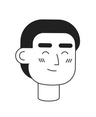 Excited short hair man with closed eyes monochromatic flat vector character head. Editable black white cartoon face emotion. Hand drawn lineart ink spot illustration for web graphic design, animation