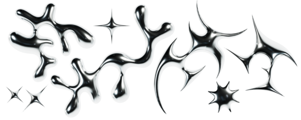 3d chrome metal organic fluid shapes and stars. Abstract liquid mercury metallic icon. 3d rendering aluminum gradient shape design element isolated on white background. Brutalist futuristic style.