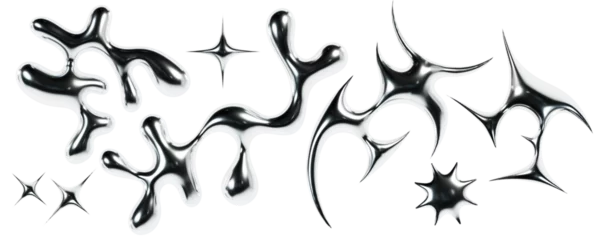 Deurstickers 3d chrome metal organic fluid shapes and stars. Abstract liquid mercury metallic icon. 3d rendering aluminum gradient shape design element isolated on white background. Brutalist futuristic style. © svetolk
