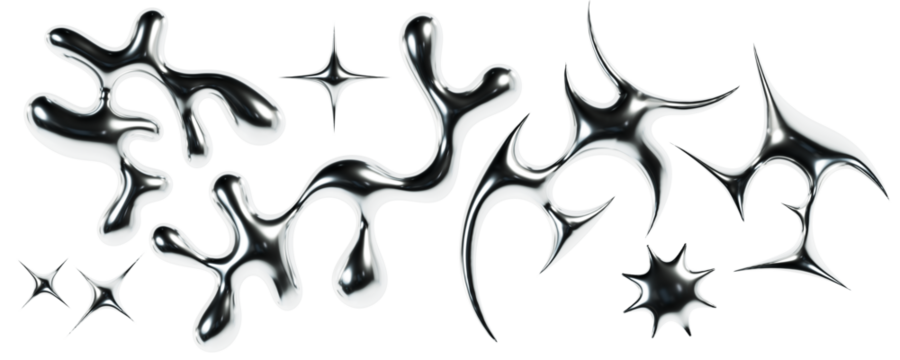 3d chrome metal organic fluid shapes and stars. Abstract liquid mercury metallic icon. 3d rendering aluminum gradient shape design element isolated on white background. Brutalist futuristic style. - Powered by Adobe
