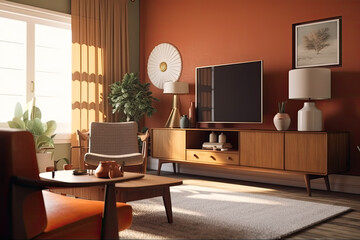 living room Mid Century style with warm colors. Ai generative	