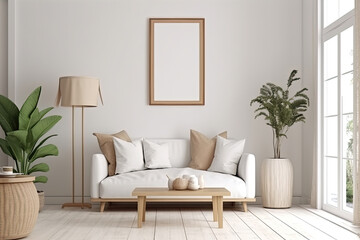 Frame mockup in modern living room with empty poster frame. Ai generative