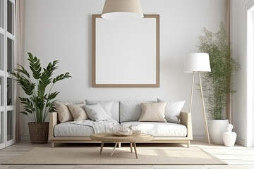 Frame mockup in modern living room with empty poster frame. Ai generative