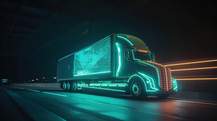 Autonomous Semi Truck with Cargo Trailer Drives at Night on the Road with Sensors Scanning Surrounding. Special Effects of Self Driving Truck Digitalizing Freeway, generative ai