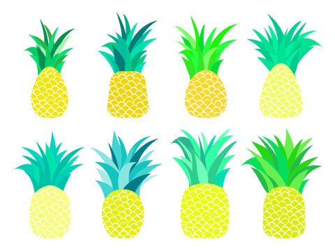 Pineapple set isolated on white background. Yellow pineapples with green leaves, tropical fruit. Icon design for banners, print and promotional products. Vector illustration
