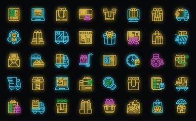 Gift delivery service icons set outline vector. Online shop. Delivery food neon color on black