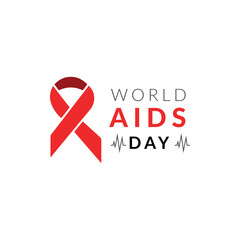 World Aids Day Vector Logo Abstract. Red Ribbon, Heart Cardiogram on White Background. Branding for Banners, Web, Stickers, Presentation, Card.