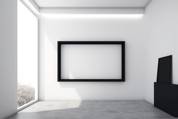 Vertical black wooden frame inside a modern interior. Mockup, interior design. Generative AI