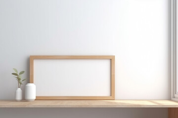 Vertical wooden frame inside a modern interior. Mockup, interior design. Generative AI