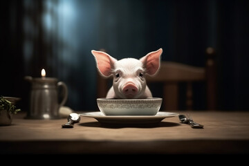 Cute little pig standing on a plate. Conceptual illustration - vegan. Generative AI