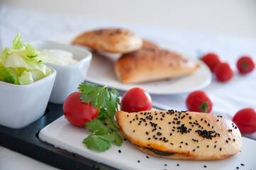 Cheese pie with salad