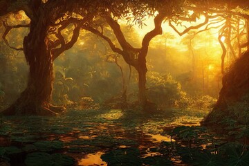 Fototapeta premium Dreamy summer sunset in jungle forest with warm daylight vintage oil painting landscape luscious green plants water pond lake river with nobody made with generative ai
