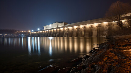 Fototapeta na wymiar View of the hydroelectric power plant on the river, dusk, long exposure, generative ai