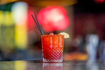 Closeup shot of a red cocktail with lemon and black straws in a transparent glass