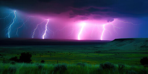 summer storm, with bright pink and electric blue lightning bolts illuminating the dark sky, summer green lush meadow, generative ai