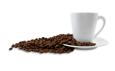 A cup of coffee and coffee beans isolated on a white background.