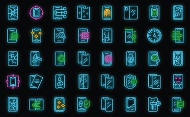 Protective glass for smartphone icons set outline vector. Glass crack. Broken screen neon color on black