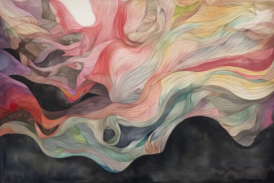 Multicolor painting with rainbow shapes, in the style of sinuous lines, dark gray and pink. Generative AI