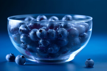 Fresh blueberries in a glass bowl with water droplets. Conceptual illustration. Generative AI