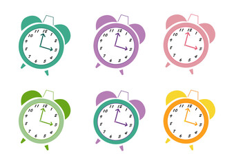 Despertador Pasteles. Objeto. Vector despertador. Reloj pasteles. Varios colores. Rosa, violeta, verde, naranja.