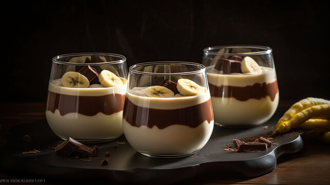 Panna cotta. Milk dessert with chocolate and banana in a glass, generative ai