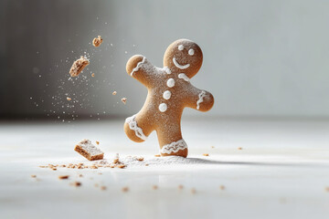 Freshly baked gingerbread man dancing happily. Christmas and winter holidays illustration. Generative AI