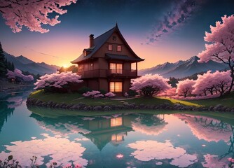 japanese house in the night, Anime art, Generative AI