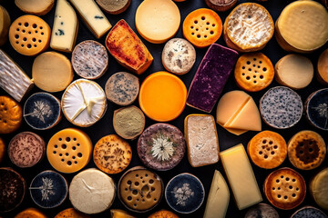 Different types of exotic cheese. Conceptual illustration, background. Generative AI