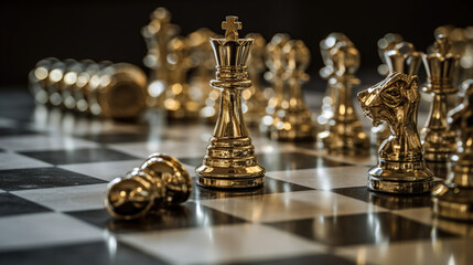 Gold queen chess surrounded by a number of fallen silver chess pieces, business strategy concept, generative ai