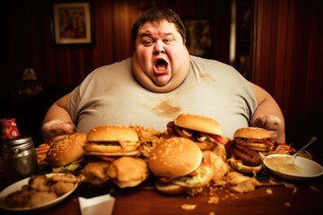 Exaggerated presentation of a greedy fat man eating fast food or junk meal  in a fast food restaurant / diner. Obesity. Created with Generative AI 
 - obrazy, fototapety, plakaty