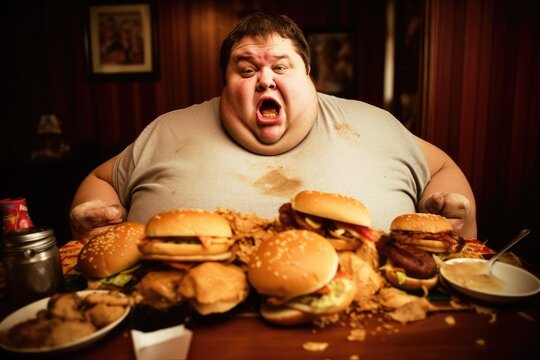 Exaggerated presentation of a greedy fat man eating fast food or junk meal  in a fast food restaurant / diner. Obesity. Created with Generative AI 

