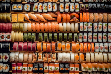 Different types of sushi arranged on a table. Conceptual illustration. Generative AI