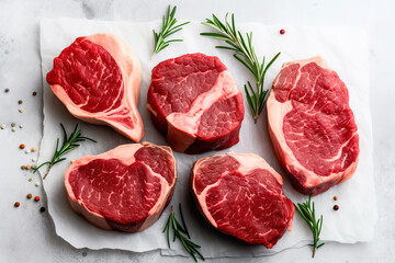 Raw beef steaks various chops, on white marble overhead shot. 