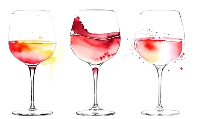 Set of watercolor wine in glasses, assorted wines - white, red, rose, isolated, generative ai