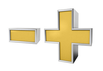 Obraz premium Plus minus 3d isolated on white background. Gold and silver Plus minus 3d. Plus and minus icon 3d. 3d rendering