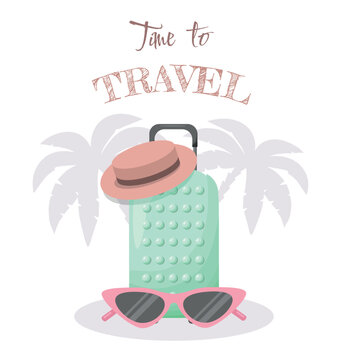 It s Time to Travel. Travel to World. Vacation. Tourism. Travel banner. Journey. Travelling illustration palm tree with suitcase  on a white background