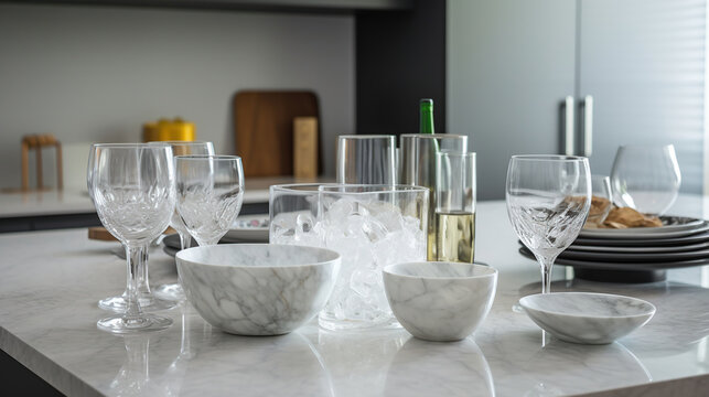 Different clean dishware and glasses on white marble table in kitchen, generative ai