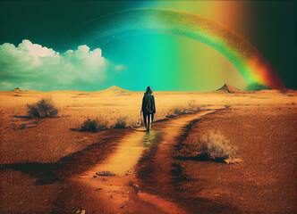 person walking in the wasteland with a rainbow on the background