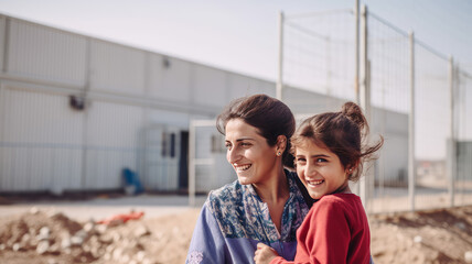 A woman and her daughter, both with brown hair, stand in front of a temporary housing structure with bright and hopeful smiles on their faces, set against an outdoor backdrop. Generative AI