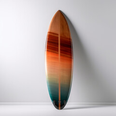 a colorful surfboard leaning against a wall