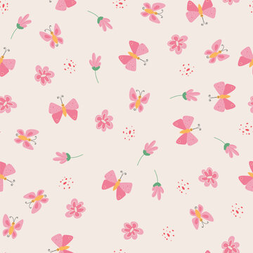 Kids Seamless pattern with cute butterflies and flowers. Vector illustration in simple childish style
