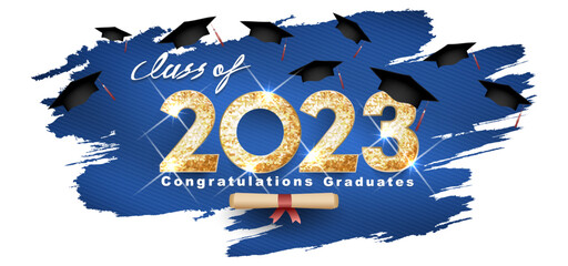 graduation 2023 Vector text for class of 2023 gold design, congratulation event, T-shirt, party, high school or college graduate. Lettering for greeting, invitation card  - obrazy, fototapety, plakaty