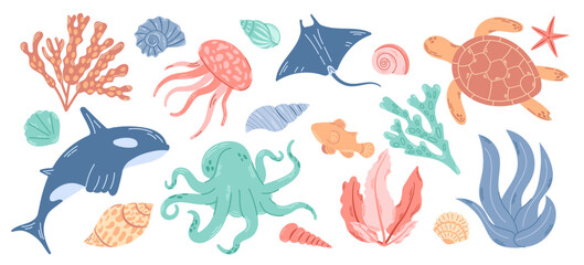 Group of sea animals and water plants. Underwater inhabitants set. Modern hand drawn flat illustration on white background.