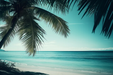 Obraz na płótnie Canvas Conceptual illustration - summer background with a palm tree and a beautiful beach. Generative AI