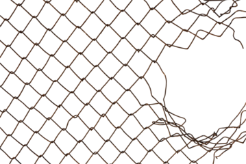 The texture of the metal mesh. Torn, destroyed, broken metal mesh on a white background
