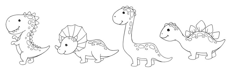 A set of linear sketches, coloring pages of cute dinosaurs. Vector graphics.	