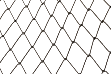 Football or tennis net. Torn rope mesh with holes on a white background close-up.