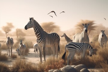 A detailed illustration of a group of animals, such as zebras or gazelles, in their natural habitat, Generative AI