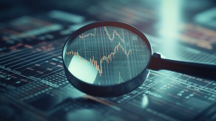 Magnifying glass and documents with analytics data lying on table. Generative AI