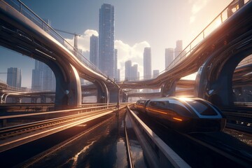 A futuristic cityscape with advanced transportation infrastructure, such as high-speed trains or hyperloops, Generative AI